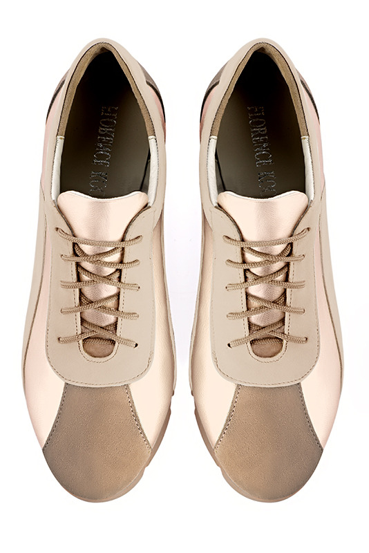 Tan beige, gold and champagne white women's two-tone elegant sneakers. Round toe. Flat rubber soles. Top view - Florence KOOIJMAN